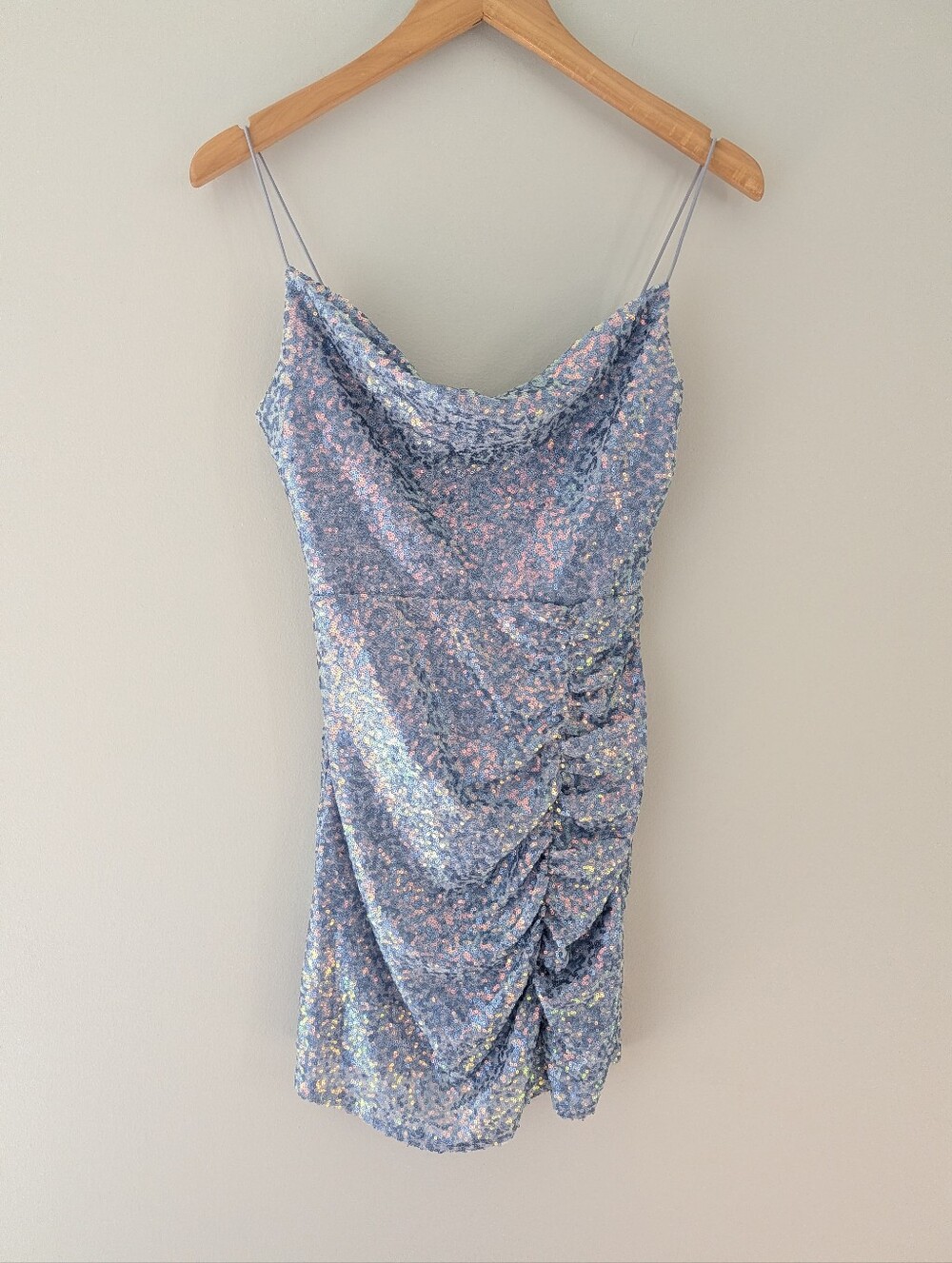 Windsor Sequin Cowl Neck Ruched Mini Dress 5/6 Blue Iridescent Y2K